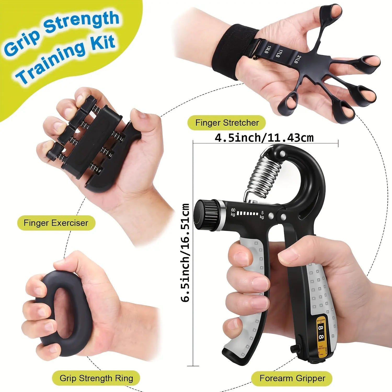 Pro Grip Trainer 4-Pack Adjustable Resistance (10-130 Lbs) Gym Muscle Builder， Weak Grip? Fix in 2 Weeks! (Office/Gym/Carpal Tunnel Relief) Forearm Exerciser