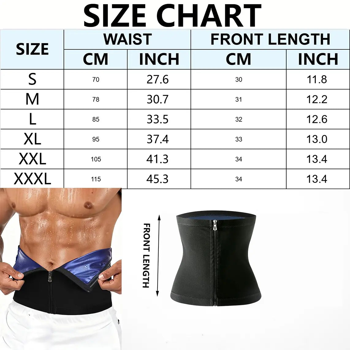 Men's Waist Trainer Zipper Sweat Belt - Sauna Workout Band, All-Season Fitness Waistband with Sporty Design